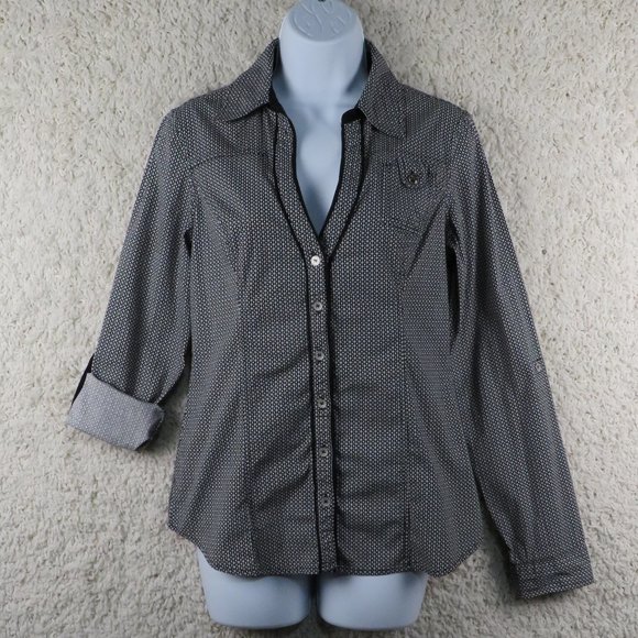 Guess* Women's Long Sleeve Low V-Neck Button Down Curved Hem Shirt~ Size‎ Medium - Picture 1 of 13